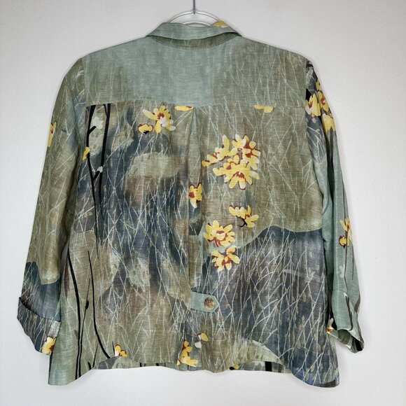 Citron Santa Monica Floral Top L Petite Green Silk Linen Button up Asian Art - Picture 2 of 11